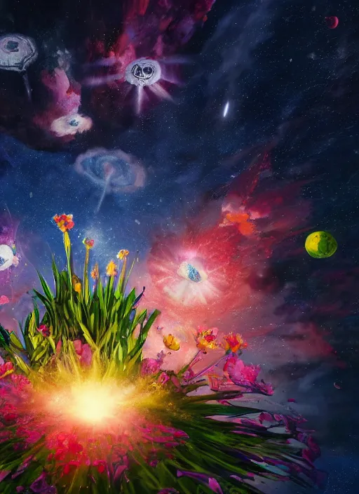 Image similar to An epic fantastic realism comic book style painting of the most beautiful flowers launched into space, bouquets, fisheye lens, unreal 5, DAZ, hyperrealistic, stars in the night sky, octane render, dynamic lighting