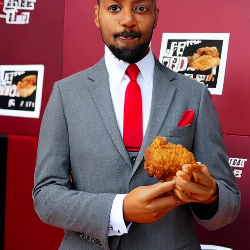 Prompt: fried chicken wearing a suit and tie, dressed for success, red carpet photo