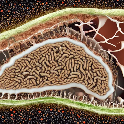 Prompt: the inside of a body in decomposition, the cells are breaching apart, micro world.