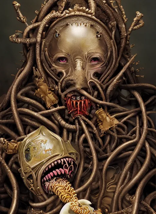 Image similar to portrait of king arthur knight medusa cyborg feeding from a mouth tube, kintsugi, modern fine art, fractal, intricate, elegant, highly detailed, digital photography, subsurface scattering, by jheronimus bosch and carravagio and greg rutkowski,