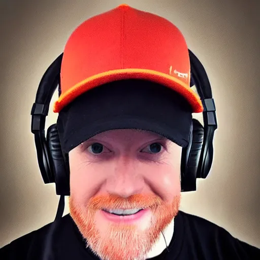 Image similar to middle aged streamer on twitch with black hat, stubble, ginger hair, orange hair, black cap, stubbles, red headphones, in the style of jeremiah ketner