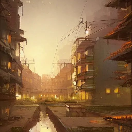 Prompt: Concept art of a HDB town from the 1990s in the evening, art by Greg Rutkowski, detailed, digital art
