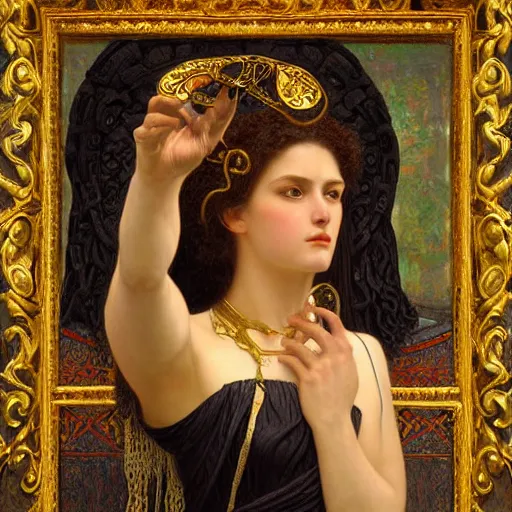 Image similar to painting portrait of hel goddess of the death, viking culture, intricate, elegant, digital painting, smooth, sharp focus, shiny gold, realistic gold, realistic metal, by william - adolphe bouguereau and gustav klimt,