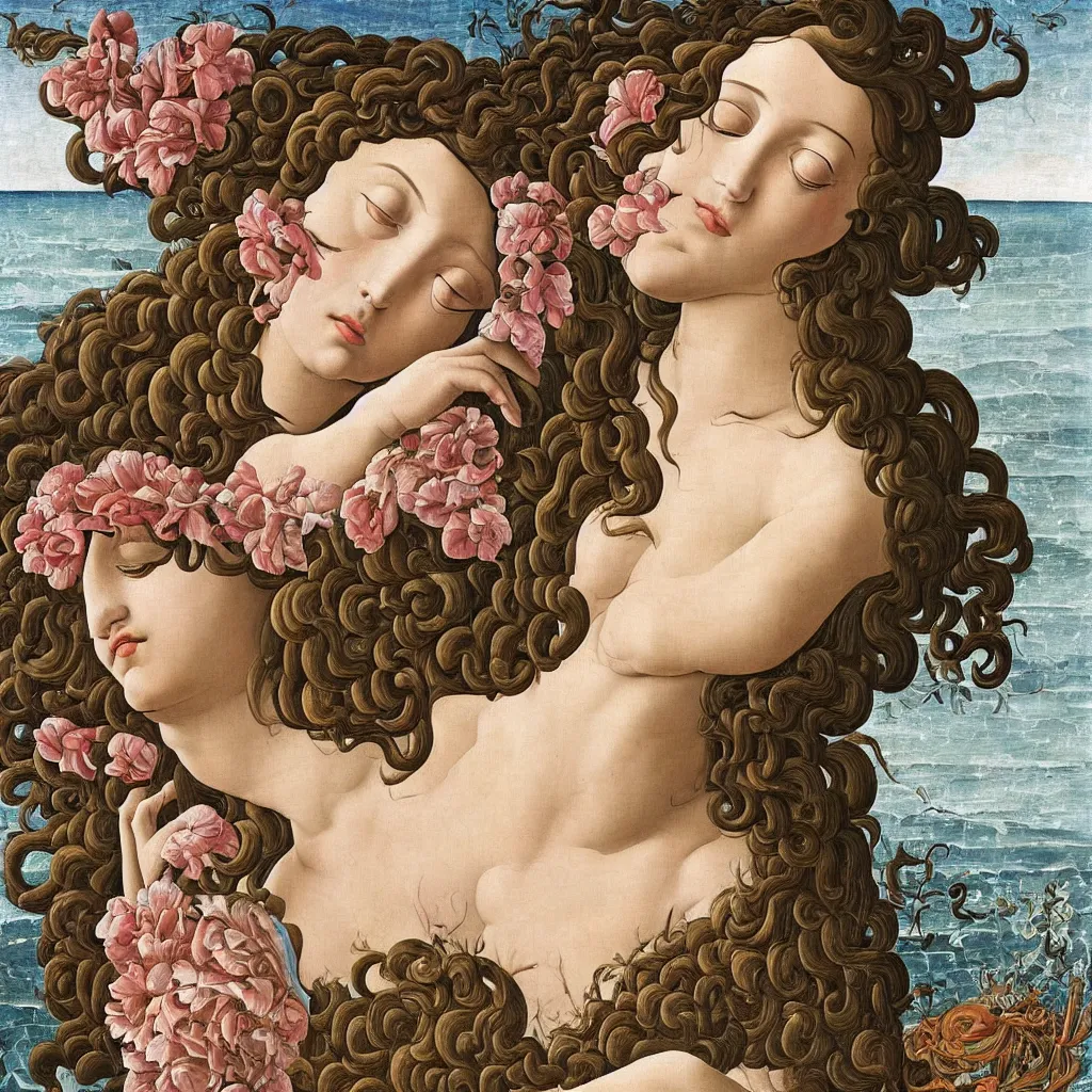 Image similar to an hyperrealistic mythological oil painting of a beautiful woman with long curly brown hair, full body, wearing floral chiton, sleeping in a giant scallop shell near the seashore, intricate, elegant, renaissance style, by sandro botticelli