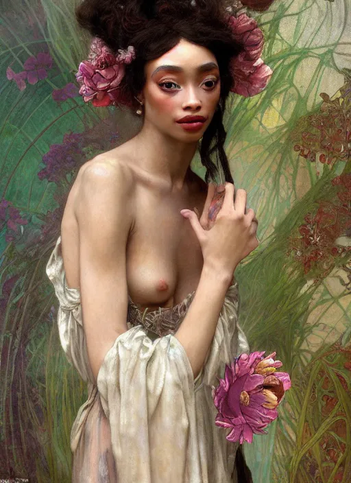 Image similar to a realistic oil painting of a beautiful young woman resembling winnie harlow, flowing robes, silk dress, peonies, crystal encrustations, underwater, fantasy art, by mucha, by bouguereau, intricate, colorful