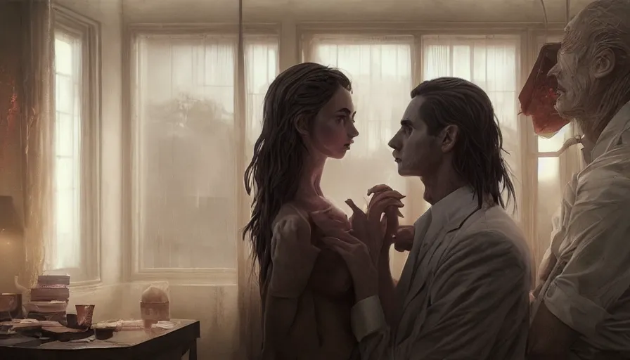 Image similar to intimacy, highly detailed creepy vfx portrait of a patrick bateman, ana de armas, madison beer, stephen bliss, unreal engine, greg rutkowski, loish, rhads, beeple, makoto shinkai and lois van baarle, ilya kuvshinov, rossdraws, tom bagshaw, global illumination, detailed and intricate environment