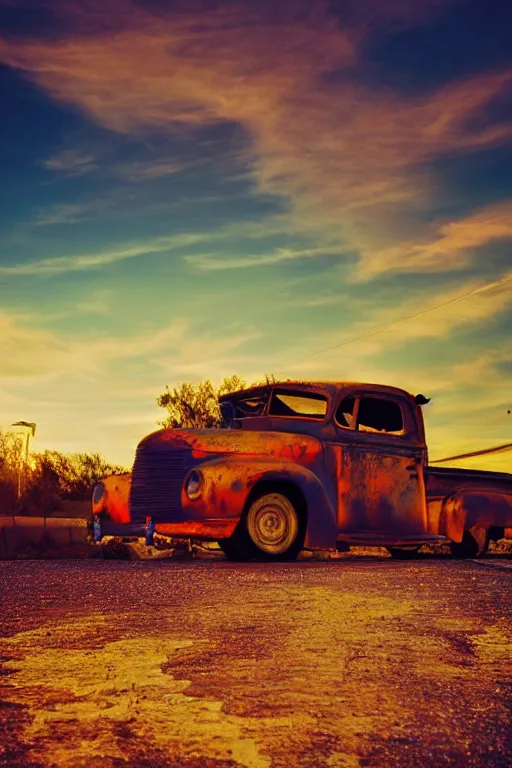 Image similar to a sunset light landscape with historical route 6 6, lots of sparkling details and sun ray ’ s, blinding backlight, smoke, volumetric lighting, colorful, octane, 3 5 mm, abandoned gas station, old rusty pickup - truck, beautiful epic colored reflections, very colorful heavenly, softlight