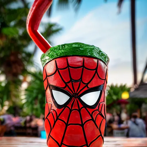 Prompt: a closeup photorealistic capture of glossy spider man style tiki mug at an outdoor trader vic's bar featuring the face of spider man. tiki theme. bright scene. fine detail. this 4 k hd image is trending on artstation, featured on behance, well - rendered, extra crisp, features intricate detail, epic composition and the style of unreal engine.