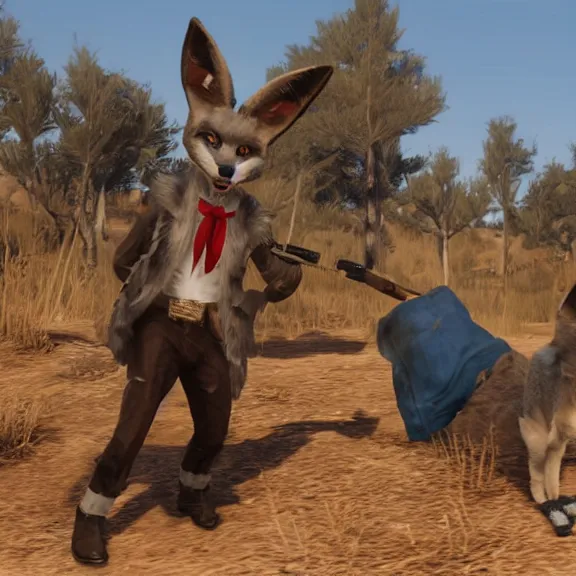 Image similar to a blue fennec fox furry in a fursuit in red dead redemption 1 shooting himself