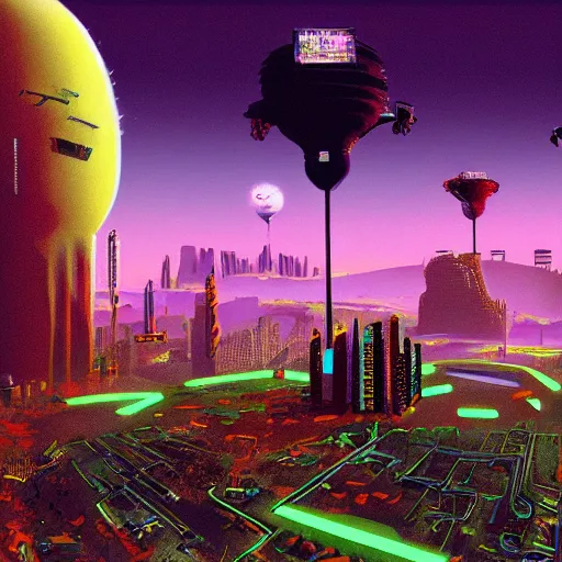 Prompt: a dream of a surreal landscape full of cyber punk computers battling megabytes