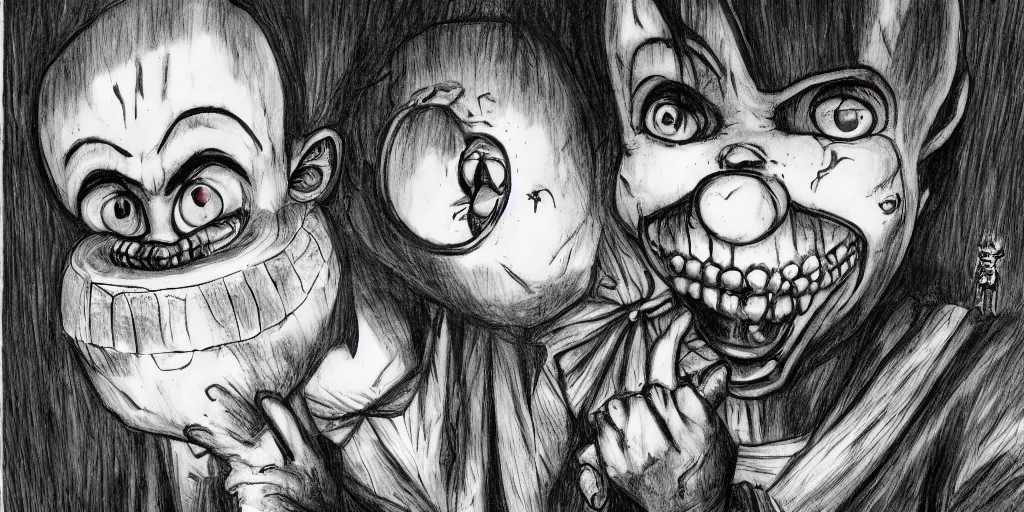 Image similar to A clown holding a balloon , horror, creepy, dark, manga,, pencil, inspired by junji ito, superior quality, masterpiece