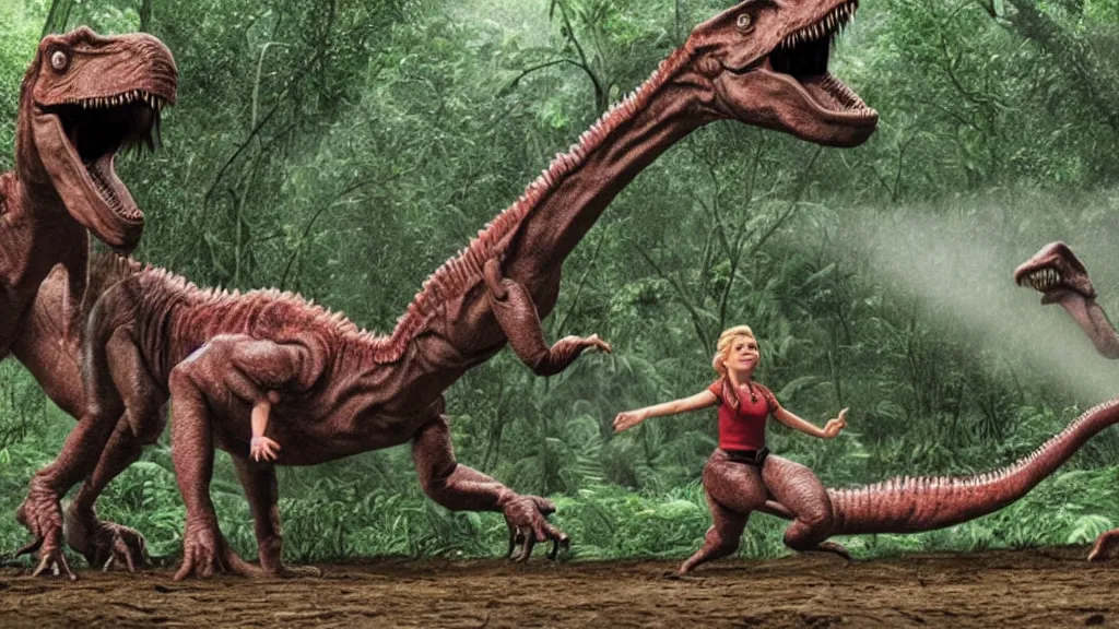 Prompt: elsa & anna in jurassic park movie scene, rim light, hyper realistic, cinematic frame