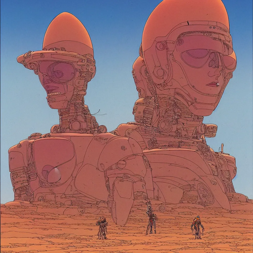 Prompt: centered detailed portrait of a beautiful cyborg in the desert, single character, volumetric, sci fi, space ships in the enviroment, fantasy scheme, wonderfull city with amazing houses | coherence | art by jean giraud and moebius