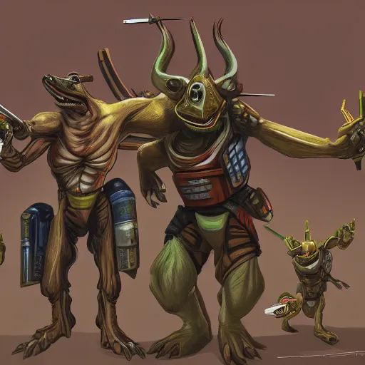 Prompt: gungan with lots of guns and gains, concept art, artstation trending