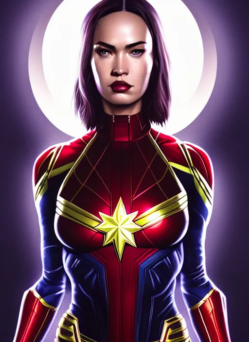 Image similar to symmetry!! gantz portrait of megan fox as captain marvel, unholy, intricate, highly detailed, dynamic lighting, digital art, digital painting, artstation, terence nielsen, sharp focus, illustration, art by artgerm and greg rutkowski and moebius, 8 k