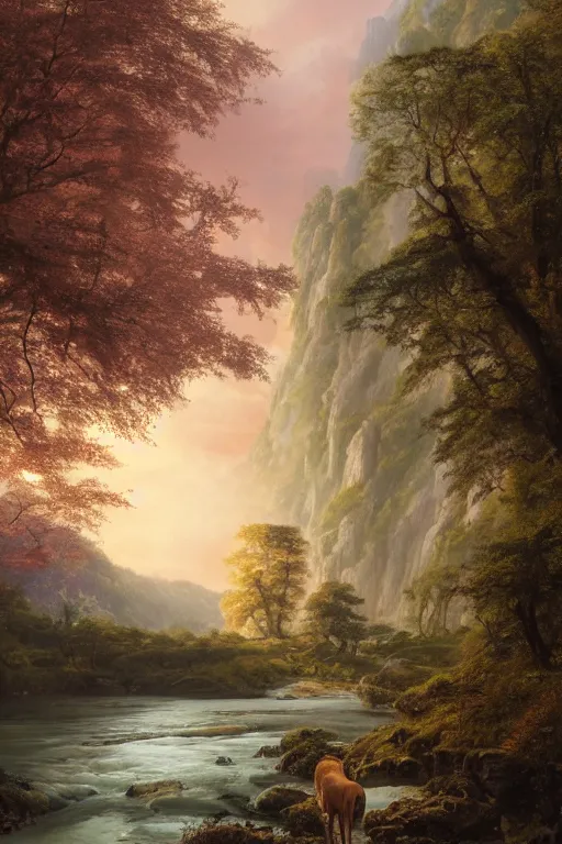 Image similar to the most beautiful panoramic landscape, oil painting, where a giant dreamy waterfall creates a river, the trees around are starting to bloom in pink color, a majestic deer is drinking water from the river and a ray light of the sunset is brightening him, by greg rutkowski