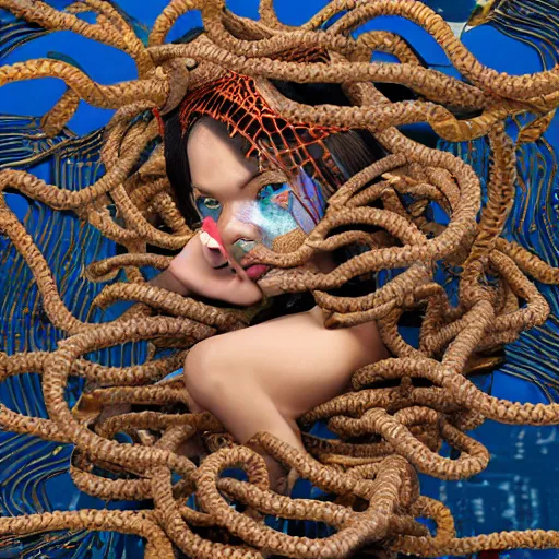 Prompt: swimming deeper into the multiverse, maze of modular synth cables mixed with mangrove roots, kawaii puerto rican goddess chilling out wearing a headpiece made of circuit boards designed by auroboros, by cameron gray, wlop, stanley kubrick, masamune, hideki anno, jamie hewlett, unique perspective, trending on artstation, 3 d render, vivid