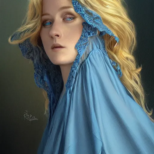 Image similar to full figure ultra realistic illustration, evan rachel wood wearing a maiden blue dress, blonde flowy hair, old west, intricate, elegant, highly detailed, digital painting, artstation, concept art, smooth, sharp focus, illustration, art by artgerm and greg rutkowski and alphonse mucha