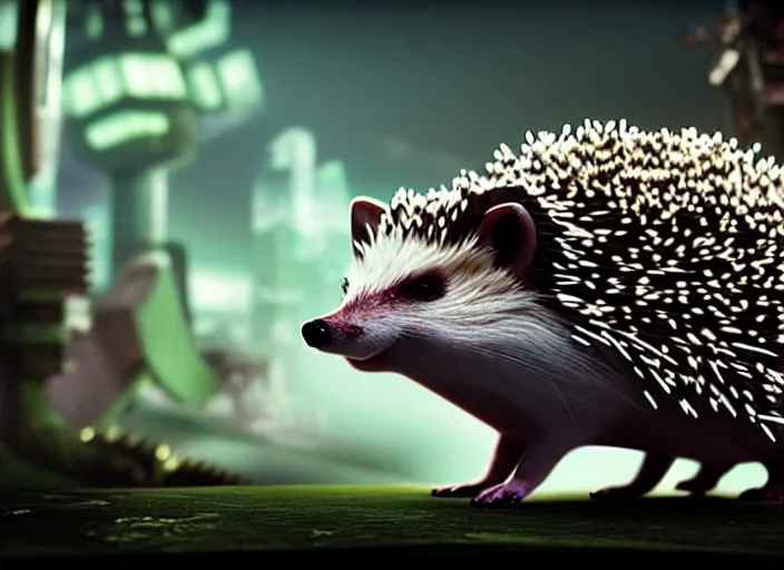 Image similar to portrait of a billy butcher hedgehog, on the background of a weird magical mechanical forest. Very detailed 8k. Fantasy cyberpunk horror. Sharp. Cinematic post-processing. Unreal engine. Nanite. Ray tracing. Parallax. Tessellation