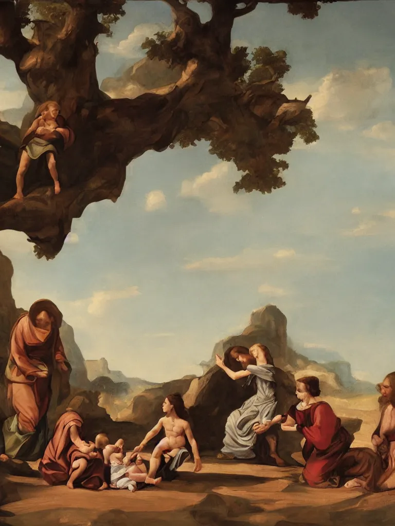 Prompt: the creation of adam painting with mother and child by disney concept artists, blunt borders, rule of thirds