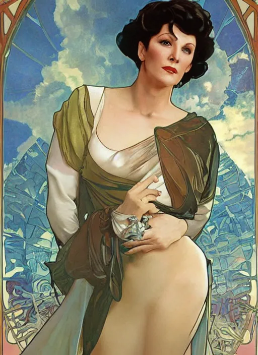 Image similar to a painting of majel barrett as lwaxana troi. beautiful art by artgerm and greg rutkowski and alphonse mucha