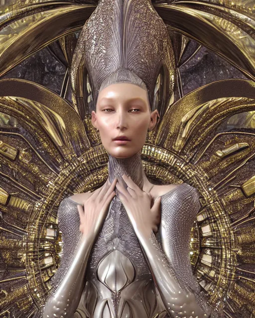 Image similar to a highly detailed metahuman 4 k close up render of an alien goddess bella hadid monument renaissance in iris van herpen dress schiaparelli in diamonds crystals swarovski and jewelry iridescent in style of alphonse mucha gustav klimt trending on artstation made in unreal engine 4