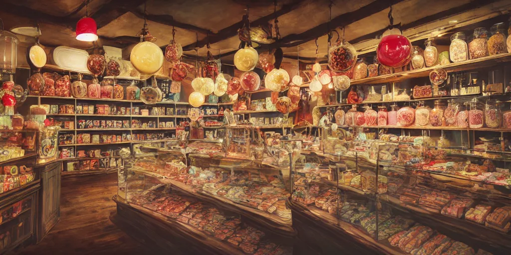 Image similar to Inside an old fashioned sweet shop, large jars on shelves, beautiful labels, fantasy vendor interior, wide angle, cinematic, highly detailed, photorealistic, rich bright colors, trending on artstation, trending on cgsociety