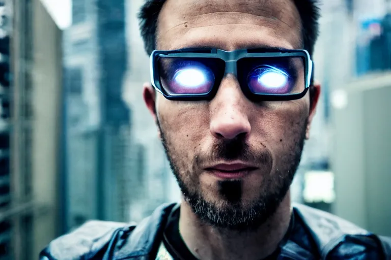 Image similar to cyberpunk hacker closeup portrait in high tech compound by Emmanuel Lubezki