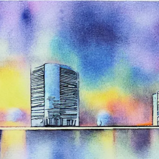 Image similar to utopian future city ruled by ai overlord, watercolor painting
