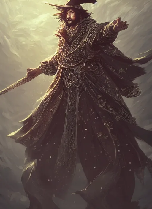 Prompt: a highly detailed illustration of Hiroyuki Sanada as wizard wearing ornate black robe and mage hat, dramatic magic floating pose, intricate, elegant, highly detailed, centered, digital painting, artstation, concept art, smooth, sharp focus, league of legends concept art, WLOP