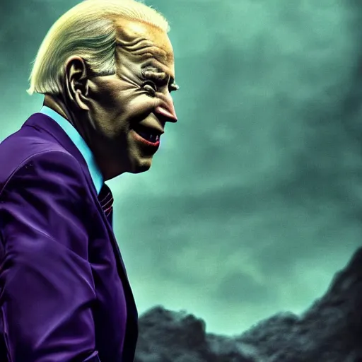 Image similar to Joe Biden as he joker , beautiful landscape, dramatic lighting, cinematic, establishing shot, extremly high detail, photorealistic, cinematic lighting, post processed, concept art, artstation, matte painting, style by greg rutkowsky