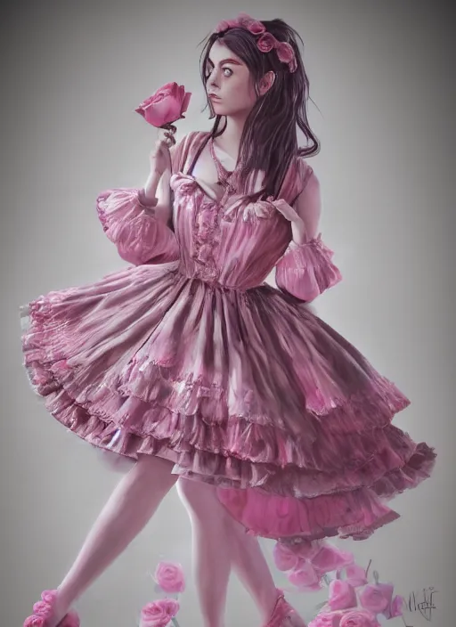 Prompt: oil painting, costume design, pink rose lolita dress, 3 d, render by maya, hyper realistic