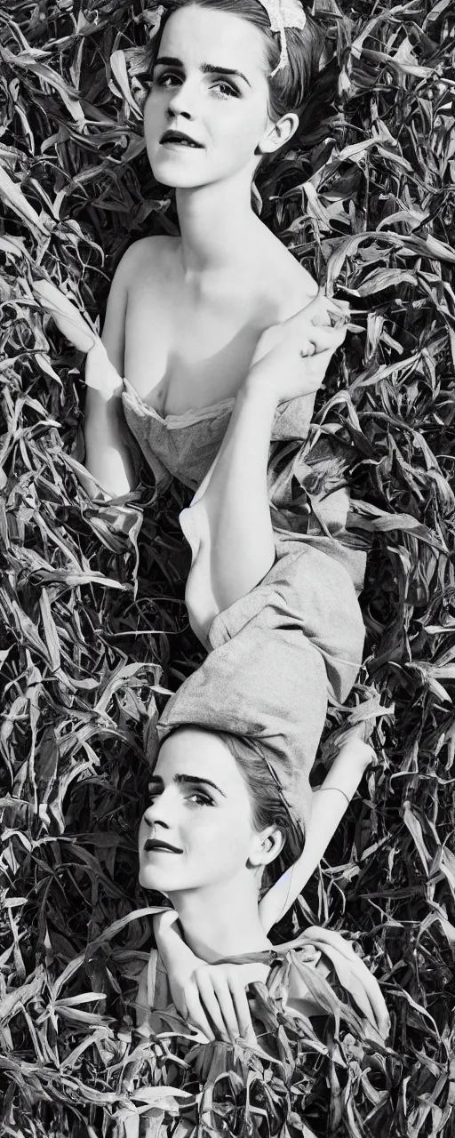 Image similar to photo photorealistic medium shot head and chest portrait photograph Emma Watson picnic in a corn field 1950s portrait by Norman Rockwell, Cecil Beaton, Lee Miller, Irving Penn, David Bailey, Corinne Day, Patrick Demarchelier, Nick Knight, Herb Ritts, Mario Testino, Tim Walker, Bruce Weber, Edward Steichen, Peter Lindbergh, Albert Watson