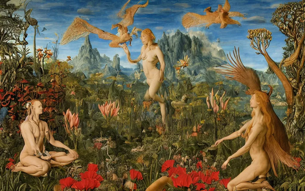 Image similar to a portrait photograph of a meditating harpy and a centaur king hunting tropical animals at a wide river delta. surrounded by bulbous flowers, animals, trees and mushrooms. mountain range under a vast blue sky of burning stars. painted by jan van eyck, max ernst, ernst haeckel and artgerm, cgsociety, artstation, fashion editorial