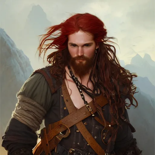 Prompt: portrait of a young pirate, male, rugged, masculine, handsome, upper body, red hair, long hair, D&D, fantasy, intricate, elegant, highly detailed, digital painting, artstation, concept art, cutscene, sharp focus, illustration, art by Artgerm and Greg Rutkowski and Alphonse Mucha