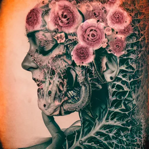 Image similar to a beautiful detailed front view portrait of a rotten woman corpse with fractal plants and fractal flowers growing around, volumetric light, beautiful lit, polaroid photography