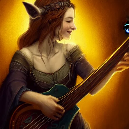 Image similar to Bard rocking out with a guitar in a medieval pub, female, fantasy, arcane glow, druidic runes, dramatic, intricate, sly smile, human face, fox ears, elegant, highly detailed, digital painting, artstation, concept art, smooth, sharp focus, illustration, octane render, art by Leesha Hannigan, Ross Tran, Thierry Doizon, Kai Carpenter, Ignacio Fernández Ríos