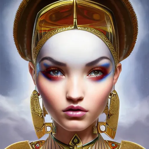Image similar to tom bagshaw, very beautiful genetic mix of dove cameron madison beer bella poarch in a priestess egyptian dress, randomly lustrous colored hair, egyptian makeup, professionally retouched, focus eyes, ultra realistic soft painting, insanely detailed linework, symmetrical accurate intricate features, behance artstation, 8 k