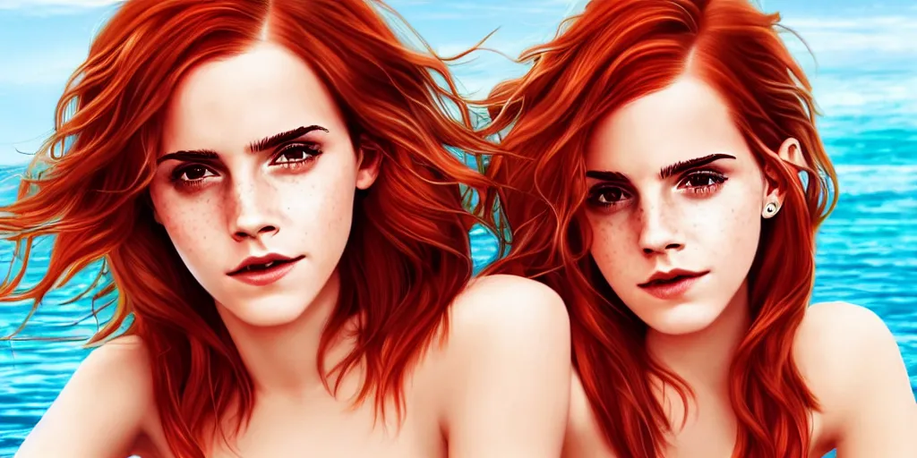 Image similar to highly detailed Red-haired beauty Emma Watson in a bikini , mid-shot ,pixiv , digital Art