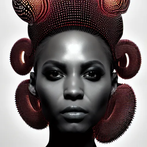 Image similar to portrait of an absurdly beautiful, graceful, sophisticated, fashionable black cyberpunk mechanoid gravure idol, hyperdetailed illustration by irakli nadar, adut akech, matt wisniewski style, intricate linework, dark black porcelain skin, jellyfish headdress, unreal engine 5 highly rendered, global illumination, red light, detailed and intricate environment