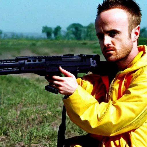 Prompt: jesse pinkman from breaking bad holding an m 1 6 rifle in the vietnam war, 4 k, hyper realistic