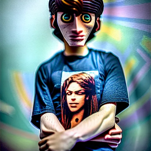 Prompt: portrait of modern teenage boy in a metallica t - shirt painting warhammer 4 0 k figurines, depth of field, zeiss lens, detailed, centered, fashion photoshoot, by nicoletta ceccoli, mark ryden, lostfish, breathtaking, 8 k resolution, extremely detailed, beautiful, establishing shot, artistic, hyperrealistic, octane render