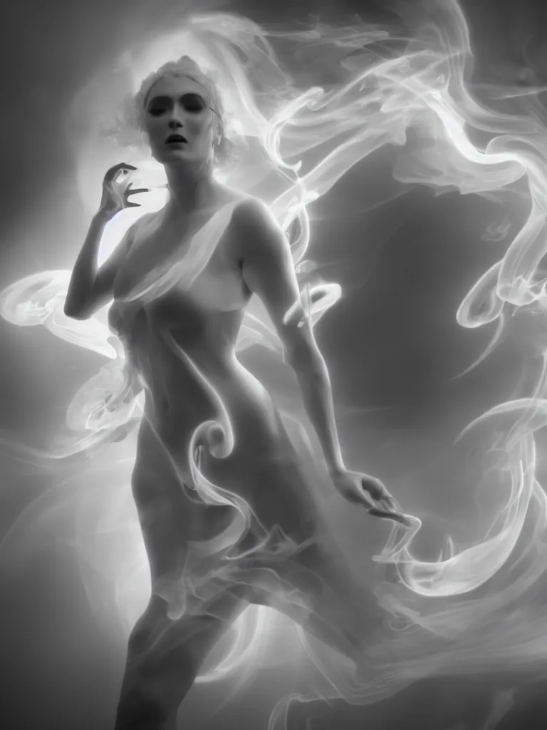 Prompt: white noir priestess, flowing swirls of smoke, hyperreal octane render volumetric cinematic