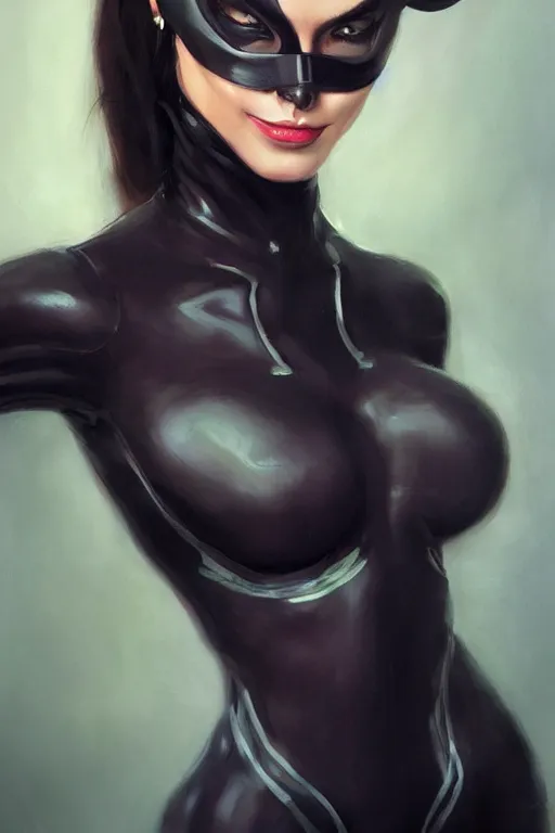 Prompt: portrait of a Catwoman by Mandy Jurgens and Richard Schmid, trending on artstation