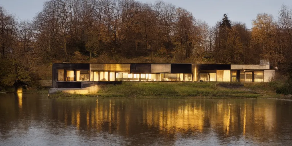 Image similar to a house by the river rhein close to mumpf designed by peter zumthor, beautiful ambient light, golden hour