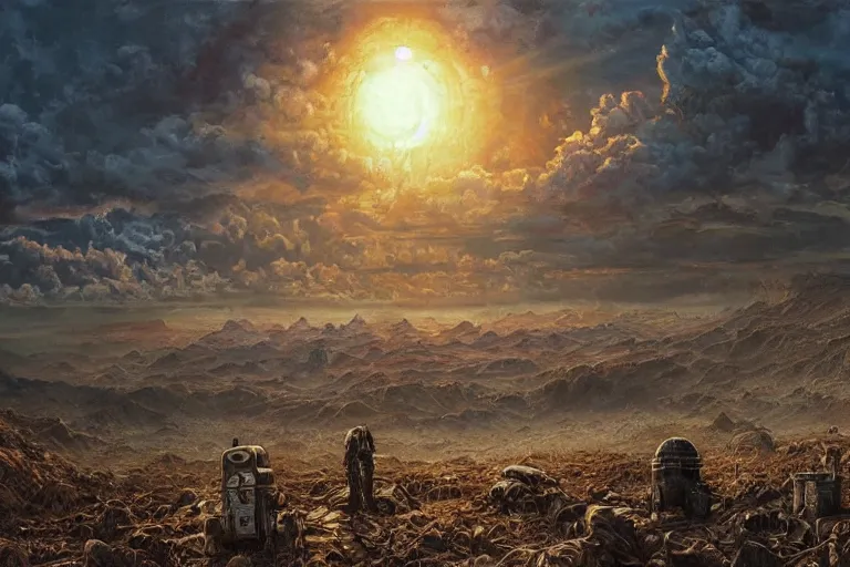 Prompt: a intricate oil painting of Post apocalyptic dystopian landscape with vault dwellers seeing the sun for the first time in years by artgerm and Dariusz Zawadzki and Beksinski