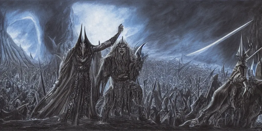 Prompt: illustration of Sauron fighting Saruman, the lord of the rings, by John Howe