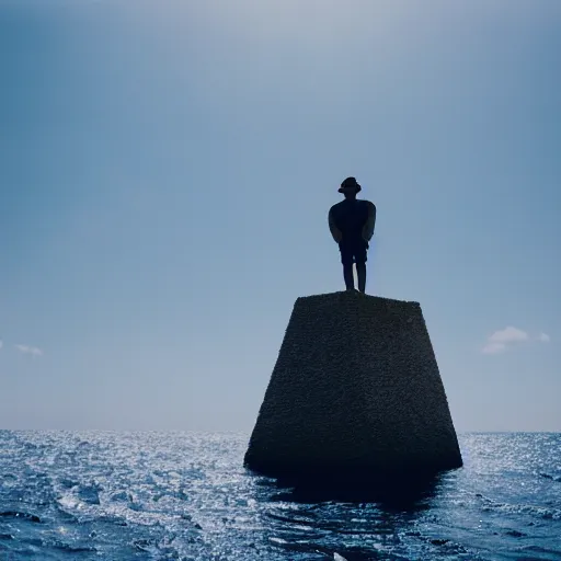 Prompt: a photo of a man in baggy clothes standing on top of a massive Non-Euclidean clay building floating in the ocean, vintage photo, beautiful cinematography, blue sky, surreal, film grain, symmetrical, James Turrell