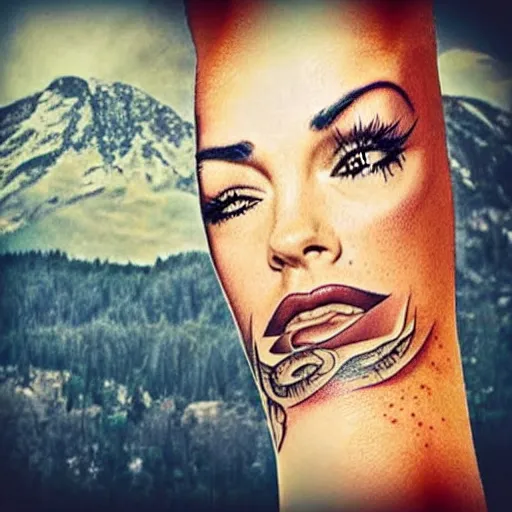 Image similar to tattoo design sketch of megan fox mash up effect with beautiful mountain scenery, in the style of matteo pasqualin, amazing detail