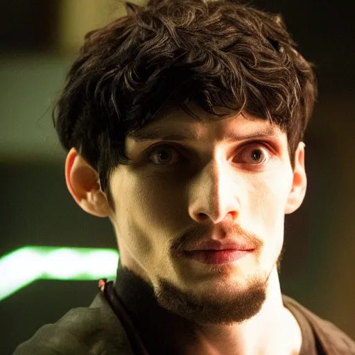 Image similar to Colin Morgan as Cyberpunk Merlin